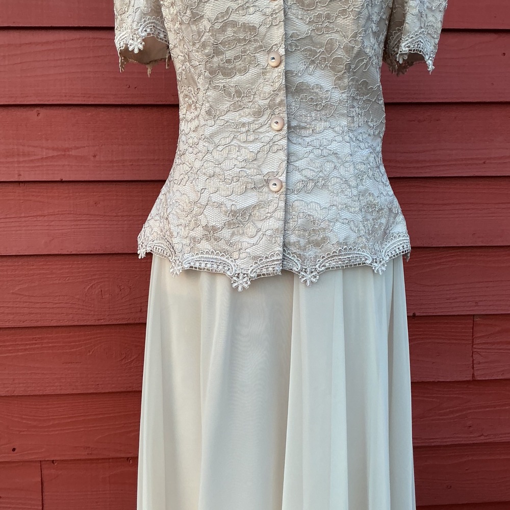 Cachet 2 Piece Dress Set Womens 12 Champagne Lace Chiffon Vintage 90s Romantic - Picture 8 of 14